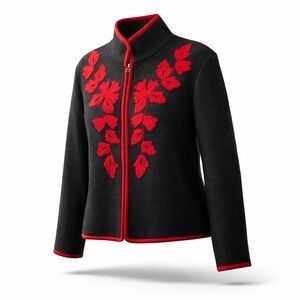 Coldwater Creek Wool Cardigan Sweater Black Red Embroidered Women's L Full Zip